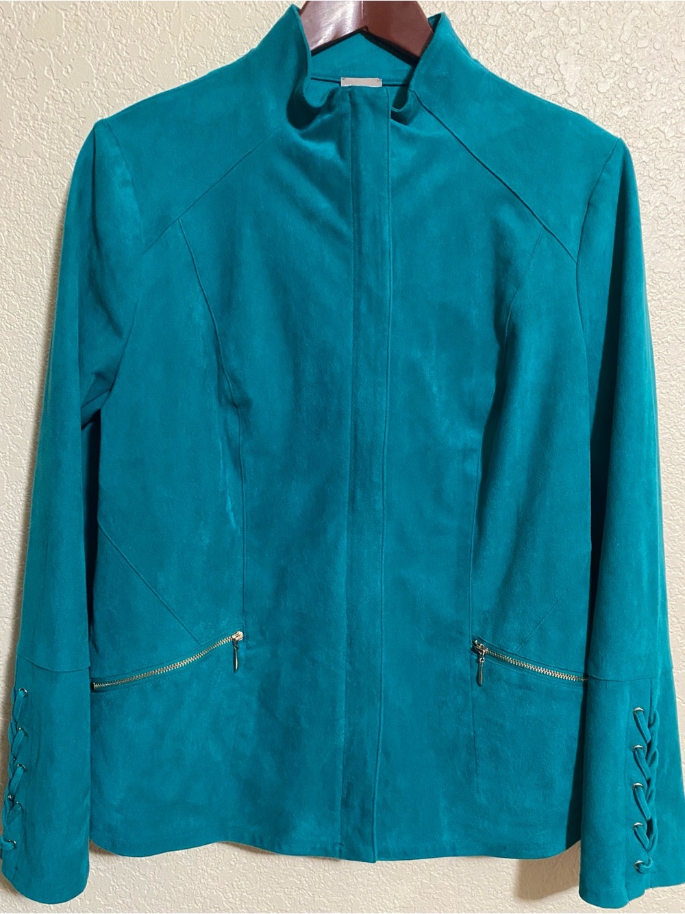 Chico's Teal Faux Suede Jacket with Braided Cuff Detail, Size 1 (M / 8)